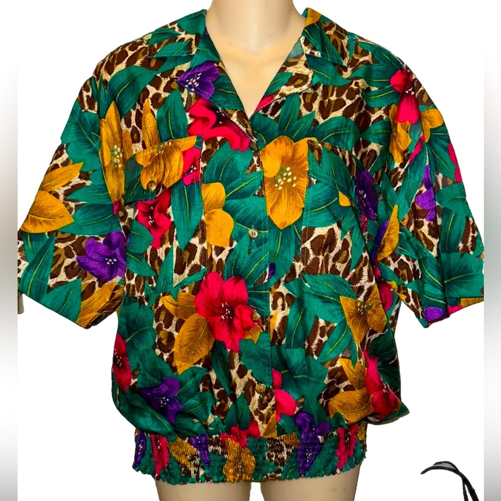Vintage Bechamel Multicolored Geometric Blouse with Black Elastic Waist Sz Med